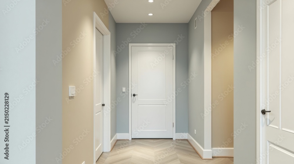 Fototapeta premium Pasillo de apartamentos con muestras de pintura en acabados mate, cáscara de huevo y satinado