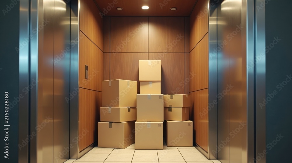Naklejka premium Ascensor de edificio de apartamentos lleno de cajas de mudanza cuidadosamente apiladas, listas para ser trasladadas entre plantas