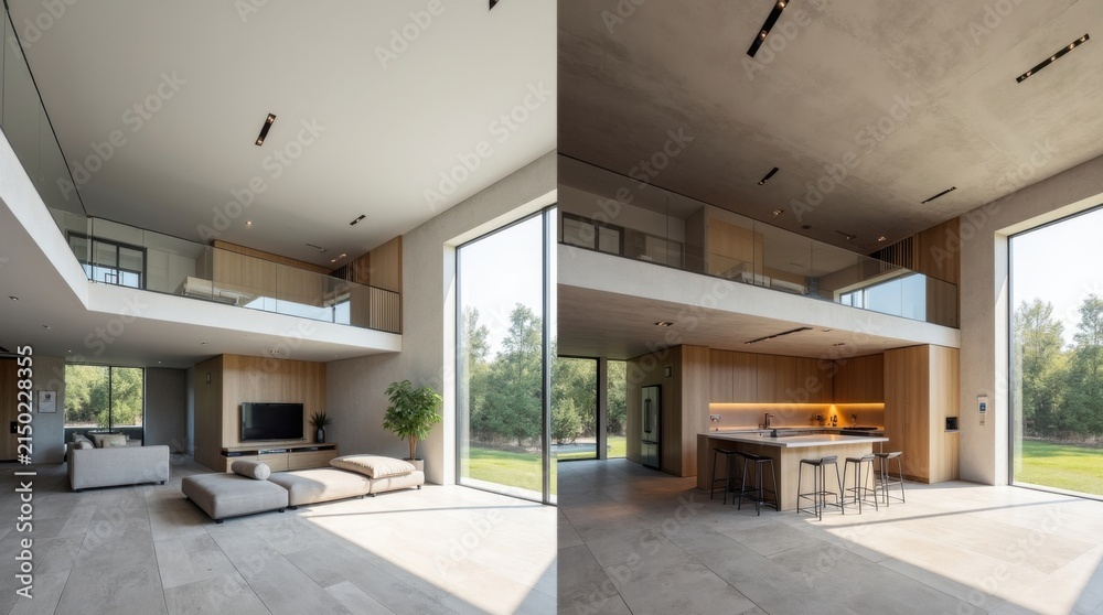 Obraz premium Antes y después: casa moderna de concepto abierto con una sección totalmente renovada y otra aún en construcción