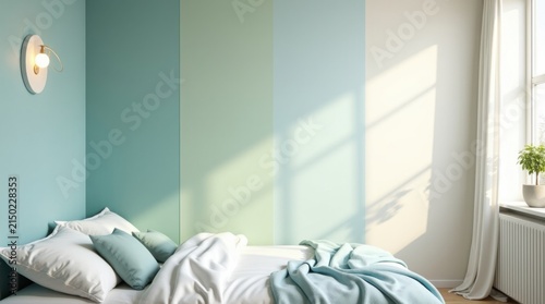 Dormitorio luminoso que presenta grandes muestras de pintura en tonos suaves de azul, verde y blanco cálido, aplicadas directamente sobre la pared