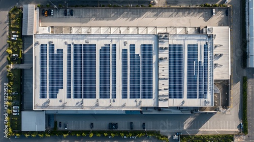 Aerial view of a large industrial building with extensive solar panel installation on its roof