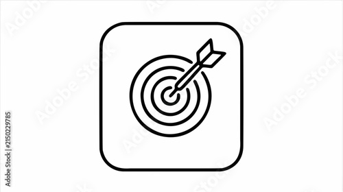 Linear icon of a dart hitting the center of a target bullseye inside a rounded square frame for business goals and success