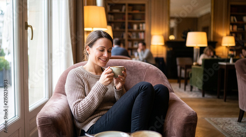 Woman Relaxing in Hotel Lobby Armchair with Coffee Cup