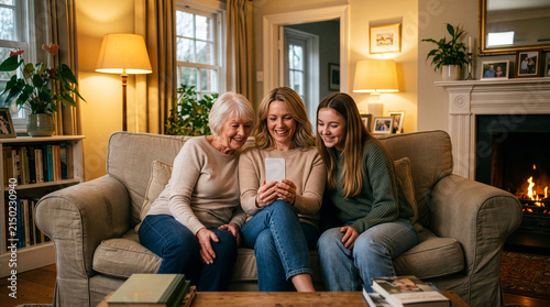 Three Generations of Women Smiling at Phone on Living Room Sofa