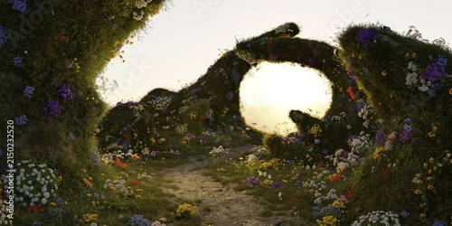 Fantasy flower garden landscape with mossy arches at sunset. 3D rendering.