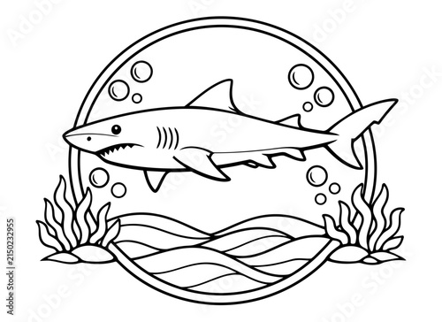 Black and white line art illustration of a cute shark swimming in the ocean with bubbles