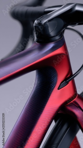 A close-up view of a sleek, modern bicycle frame showcasing a blend of deep red and purple colors