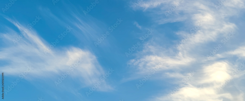 Obraz premium Clear blue sky with soft white feather wispy cirrus clouds background