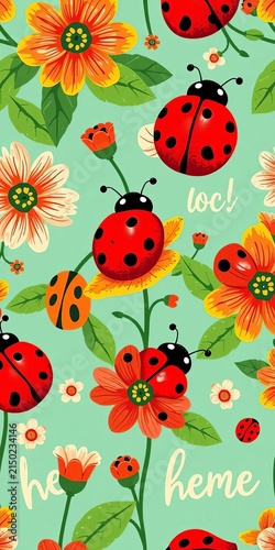 Ladybug flower seamless pattern with whimsical lettering, flowers, backgrounds