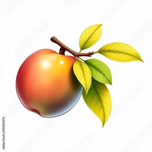 Isolated plum fruit with delicate leaves on branch etched in a beautiful hand-drawn illustration style, fruit bowl, simple