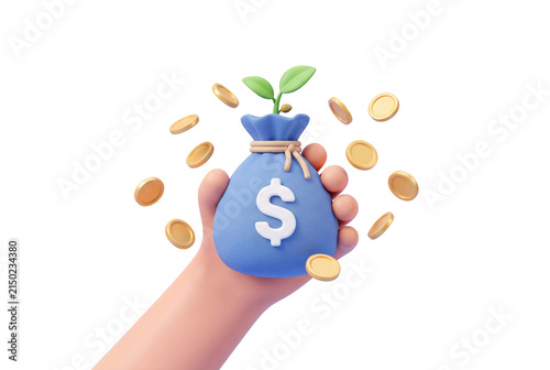 Cartoon hand holding blue money bag with sprouting plant on transparent background