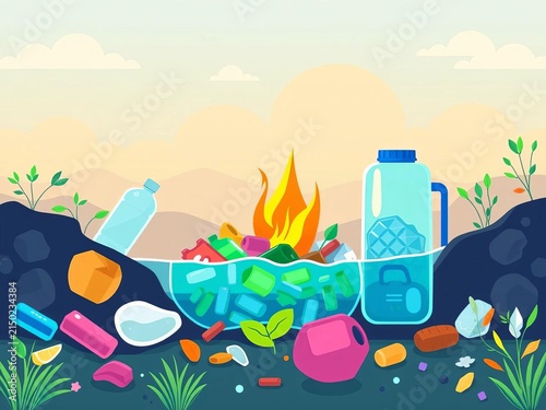 Illustration of a flat design showing the concept of transforming plastic waste into fuel, ||waste to energy, plastic recycling
