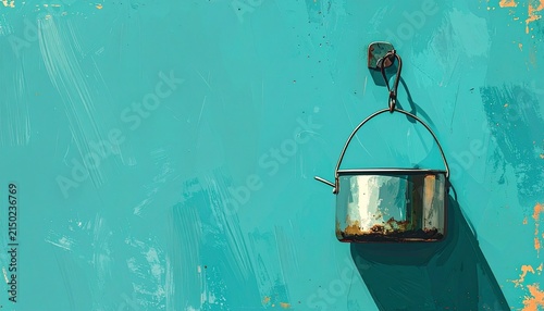 Vintage Metal Bucket Hanging on Turquoise Wall.