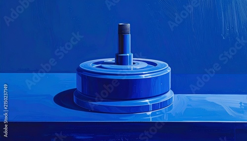 Blue industrial flywheel with central shaft on reflective surface.