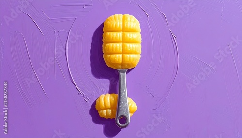 Fresh mango slices on a silver spoon over purple background.