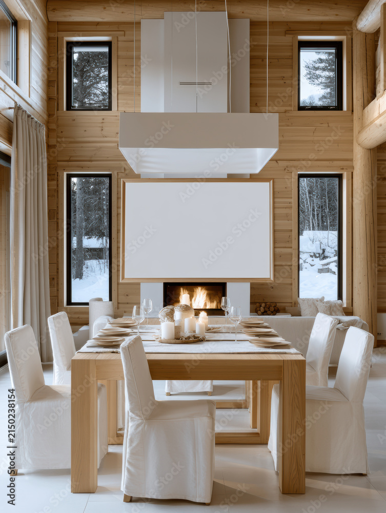 Fototapeta premium Modern dining room with wooden table, white chairs, blank frame, fireplace, large windows, and cozy winter atmosphere