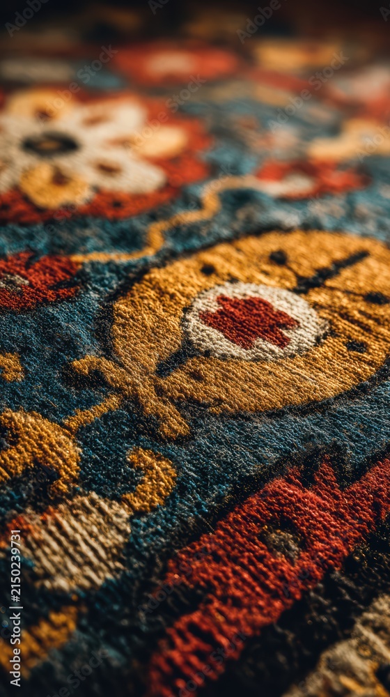 Fototapeta premium Vintage carpet detail, cinematic texture shot, 100mm lens