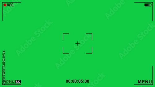 Camera viewfinder recording display and green screen background footage. Screen of video recorder digital display with photo camera frame overlay. Live cam cctv mobile phone cam Chroma key interface.