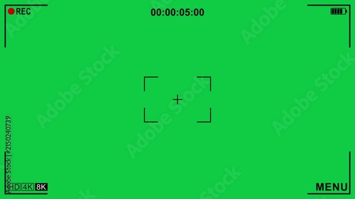 Camera viewfinder recording display and green screen background footage. Screen of video recorder digital display with photo camera frame overlay. Live cam cctv mobile phone cam Chroma key interface.