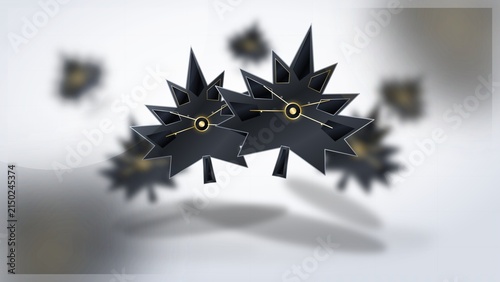 Black maple leaf shaped clocks floating against a bright blurred studio wall