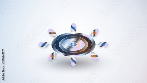 Futuristic holographic round hud interface with glowing blue and orange nodes
