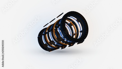 Abstract 3D cybernetic cylinder structure with glowing rings on white