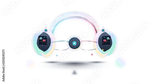 Futuristic cyber headphones glowing with neon lights on white background