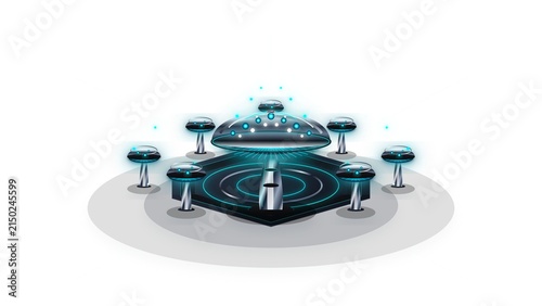 Futuristic spaceship docking station with glowing blue lights in white space