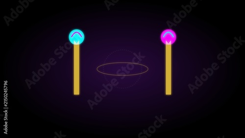 Neon circles and rods with glowing lights against dark background