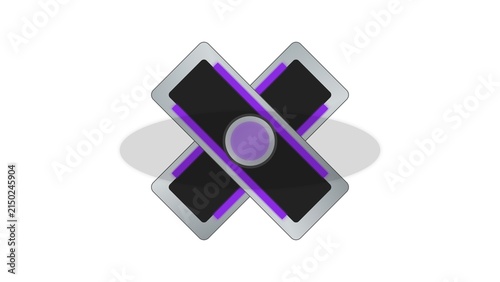 Futuristic crossed rectangular tech shape with purple glow and central sphere