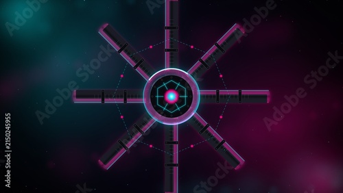 Futuristic sci fi hud interface with glowing neon rings and dark background