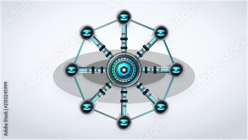 Futuristic cybernetic wheel diagram with glowing blue nodes on white background