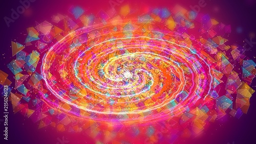 Vibrant digital vortex with glowing neon spiral and geometric particle field
