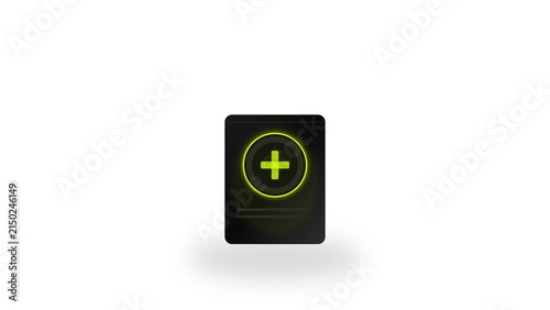 Black card with glowing green plus symbol isolated on white background
