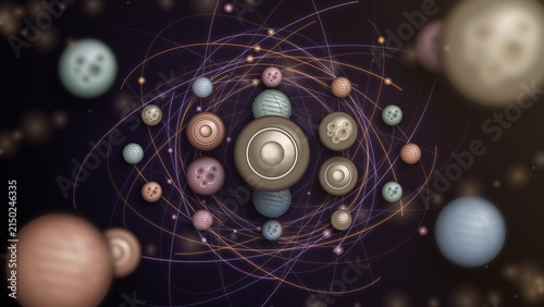 Abstract 3d spheres and orbital lines on dark background