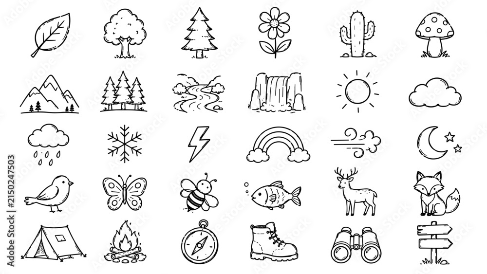 Fototapeta premium Nature and Outdoor Hand Drawn Doodle Icons – 30 Premium Sketch Vector Symbols