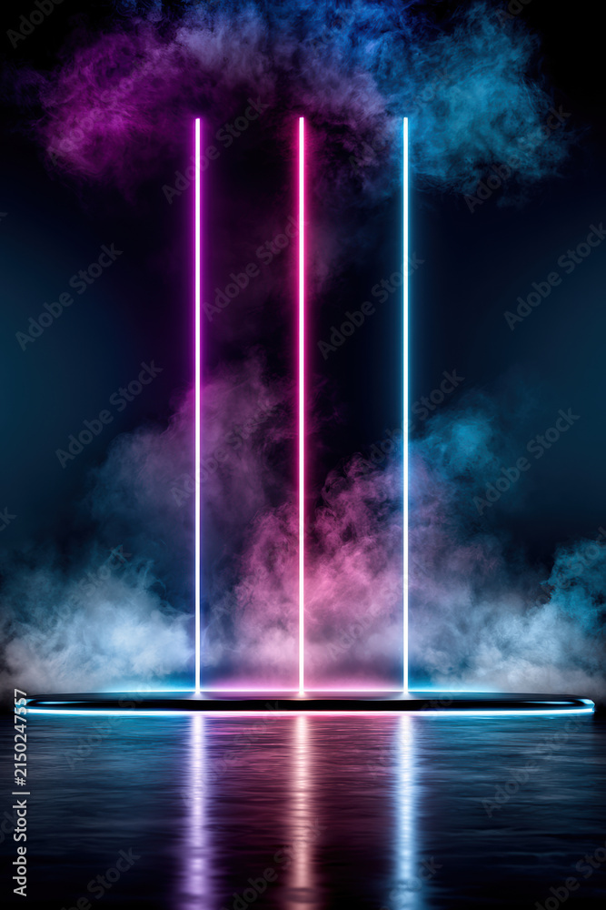 Fototapeta premium Futuristic neon stage with three vertical glowing light beams, vibrant smoke, and reflective floor, perfect for nightclub or concert scene