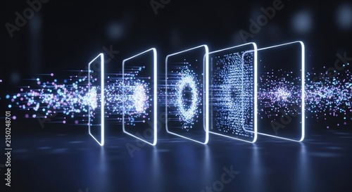 Four glowing rectangular screens emit a stream of digital particles. The screens are outlined with a bright blue light, creating a futuristic and dynamic visual effect.