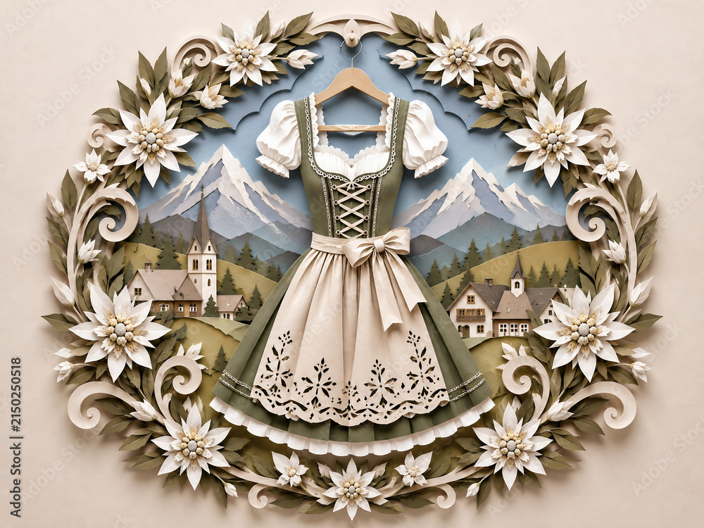Naklejka premium Elegant cream and gray Bavarian dirndl dress displayed against an ornate floral frame with edelweiss and alpine mountains.