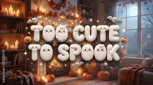 Cozy halloween interior scene with too cute to spook text made of cute white ghost characters
