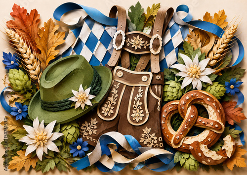 Traditional Bavarian lederhosen with an alpine hat, pretzel, hops and edelweiss arranged as an Oktoberfest still life.