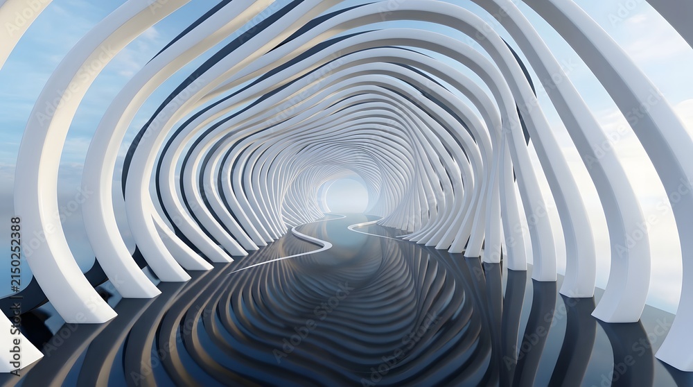 Obraz premium A futuristic tunnel interior with curved white ribs creating a skeletal structure over a dark reflective floor with flowing liquid-like waves, leading toward a bright glowing light at the end