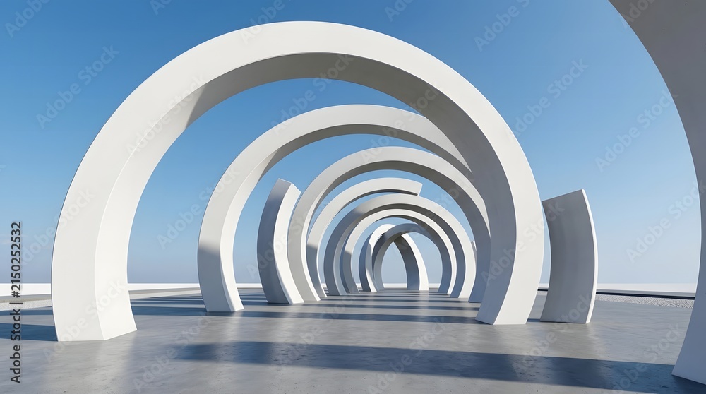 Obraz premium A long perspective view of a series of white circular archways aligned in a row on a smooth grey ground under a clear blue sky, creating a tunnel effect in this 3d architectural visualization