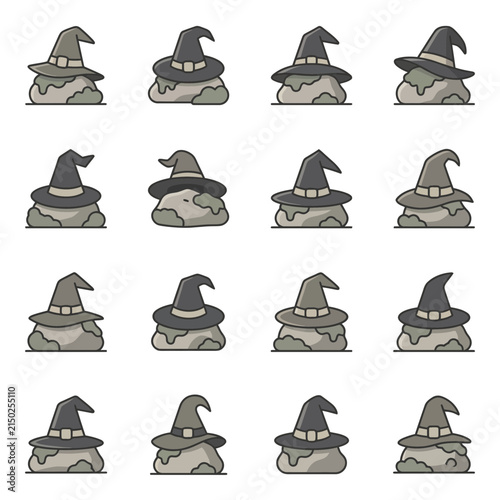 Minimalist witch hat icons placed on stone bases.