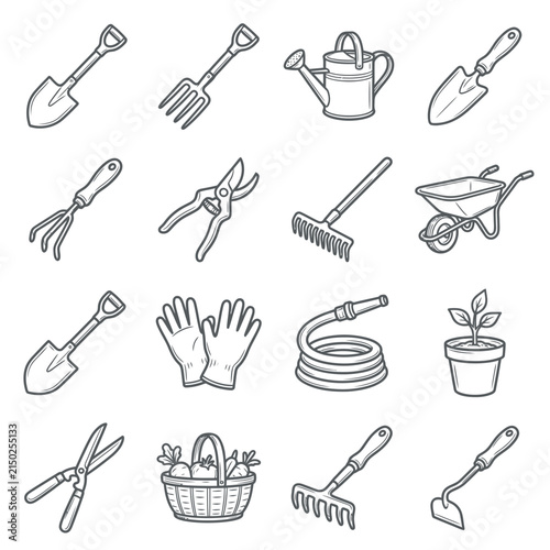 Minimal line icons of gardening tools and equipment.