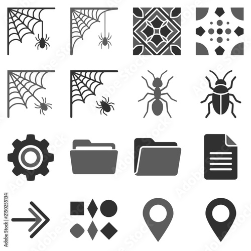 Miscellaneous web icons including spiders and shapes.