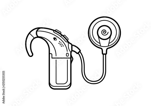 A simple black and white line art illustration of a cochlear implant device.
