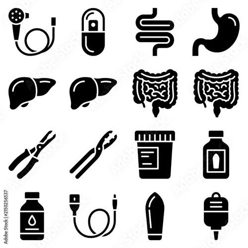 Gastroenterology Medical Tools Endoscope Stomach Intestine Specimen Container Vector Icon Set Isolated on White