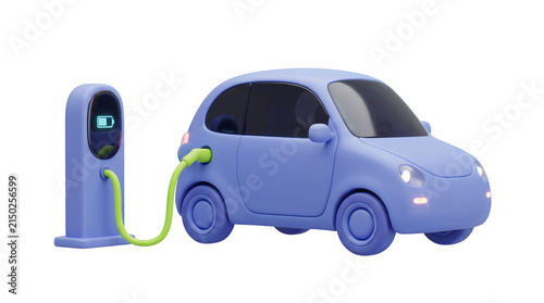3D Blue Electric Car Charging at Station Isolated on Black