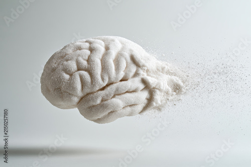 Brain shaped sugar dissolving, conceptual image representing memory loss, dementia, or cognitive decline, isolated on white background